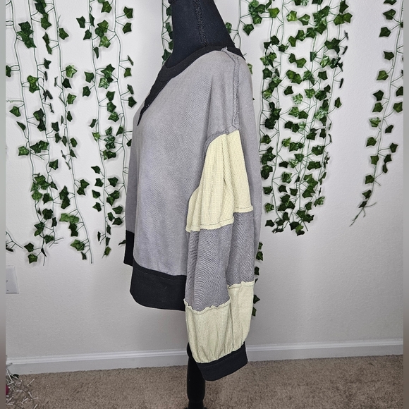 NWOT POL Boho Grey Green Colorblock Oversized Balloon Sleeve Crewneck Pullover - Picture 5 of 9